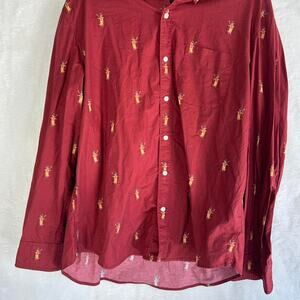 Bonobos burgundy button up shirt with skiing cat design. Size XL
